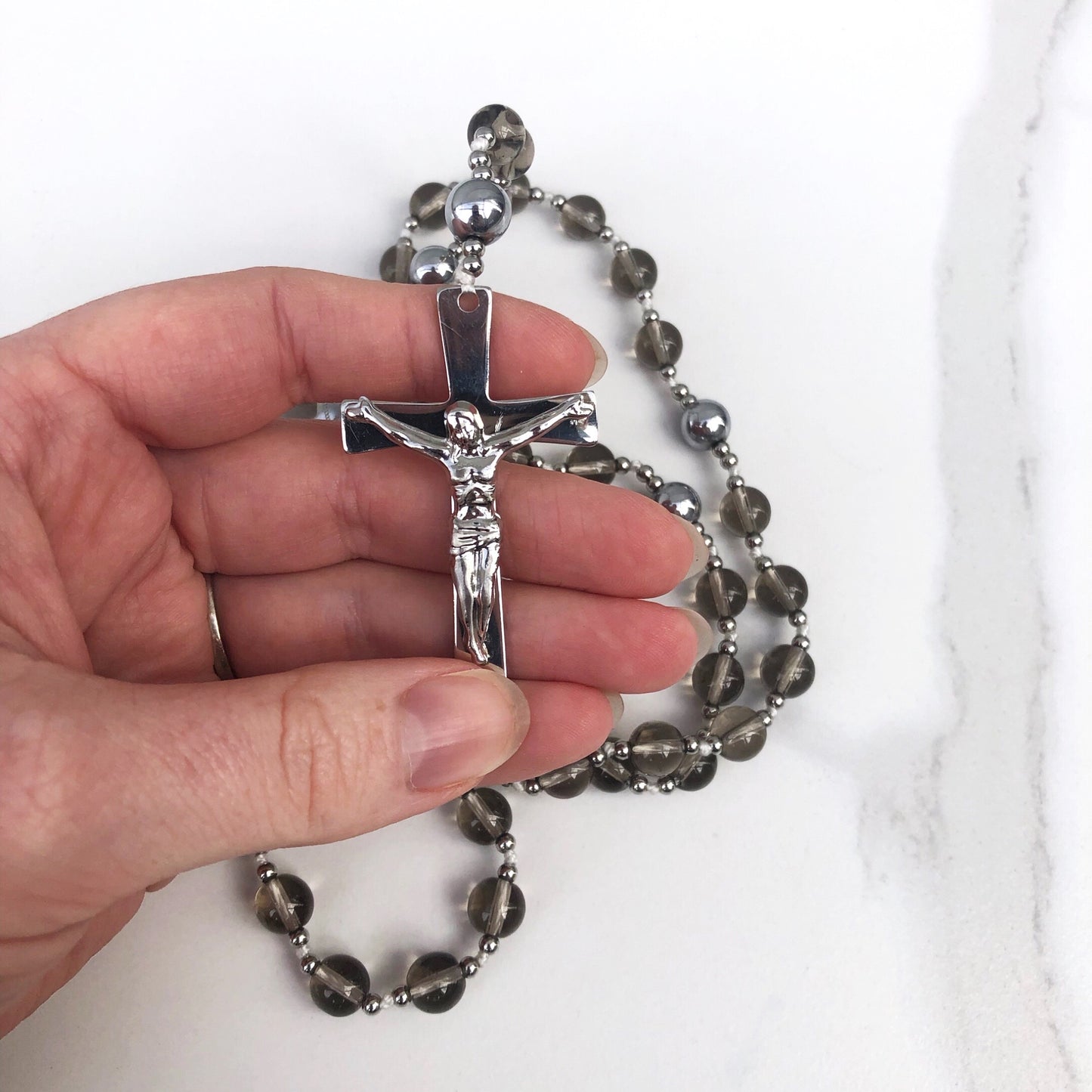 Rosary: Stainless Steel & Smokey Bead