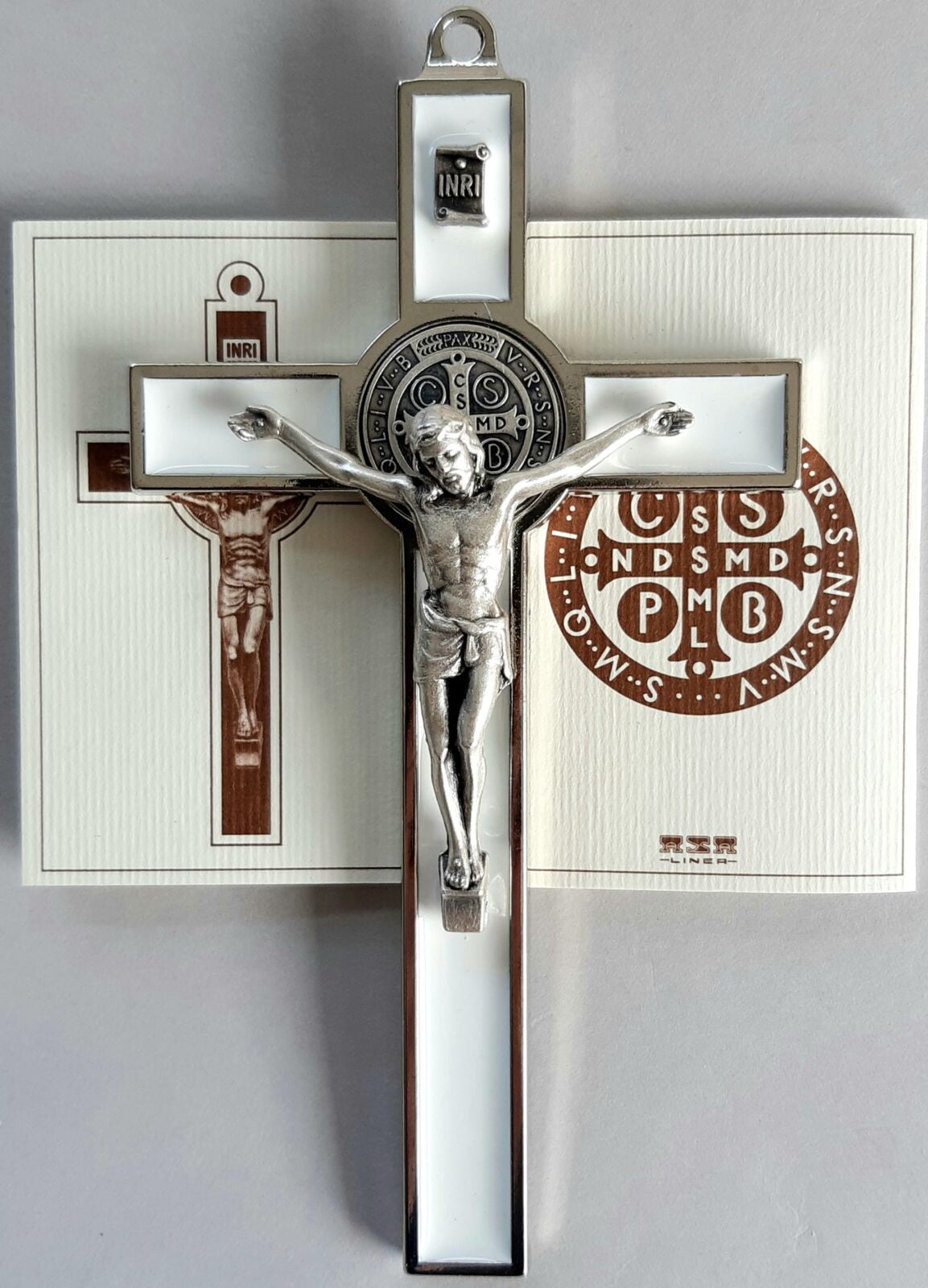 Crucifix: St Benedict white boxed with leaflet